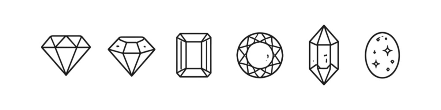 Collection of diverse gemstone outlines and cuts on a white background