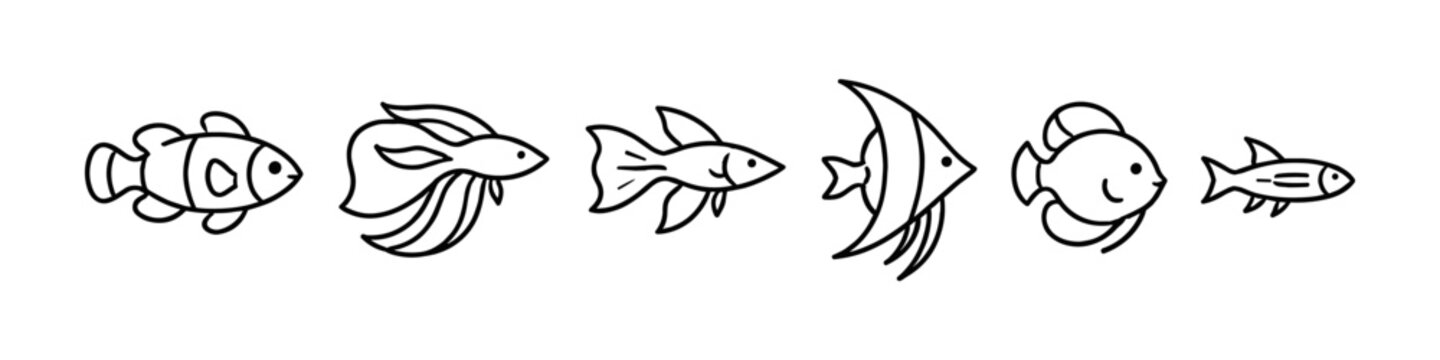 Collection of six distinct hand-drawn fish icons in a simple black outline style