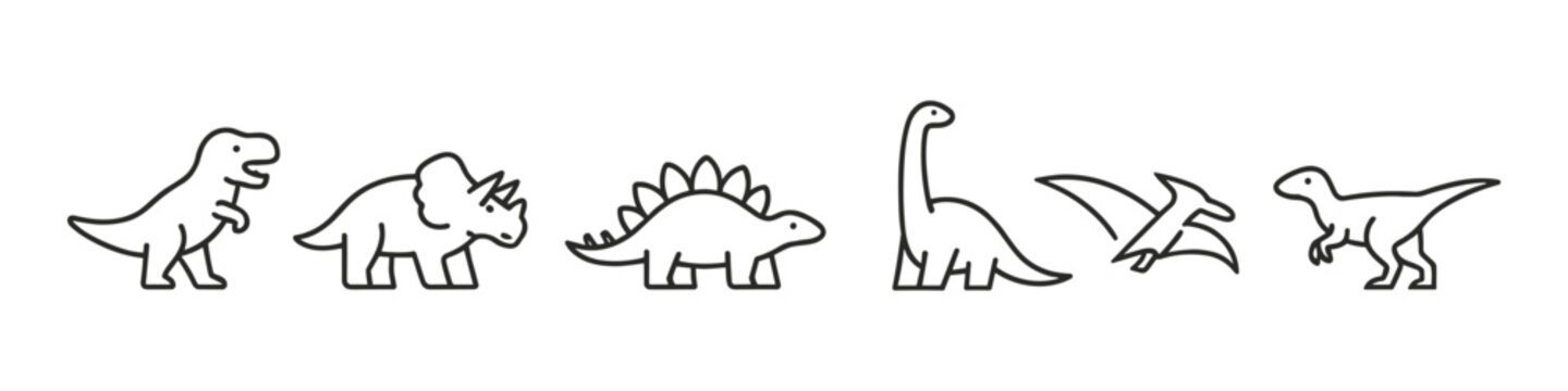 Collection of stylized dinosaur icons in a simple line art style