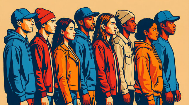 Diverse group of young people standing in a line, looking forward, vibrant colors