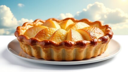 A white plate topped with a pie sitting on a table, great for food, dessert, and party related use