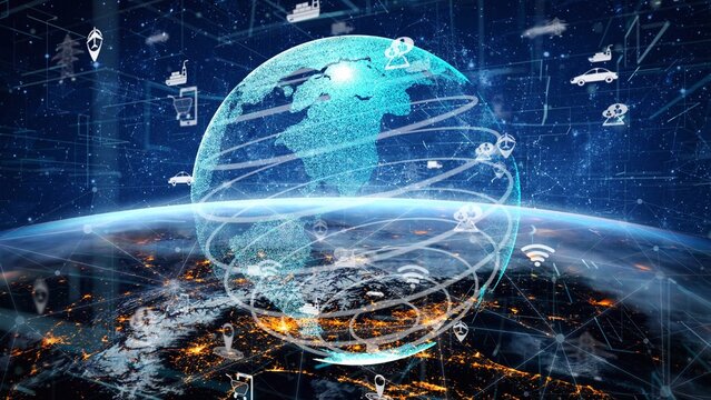 This image showcases a digital representation of Earth interconnected with icons that symbolize technology, transportation, and communication in a modern and futuristic space. Xenic