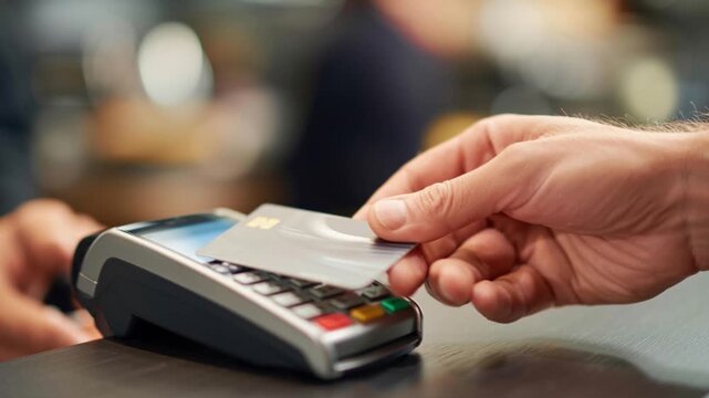 Hand holding contactless credit card near terminal for mobile payment. Slow motion.