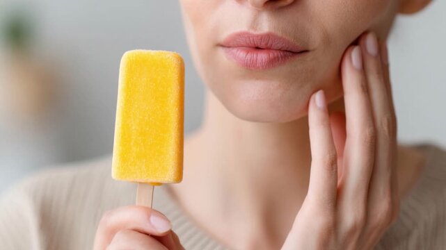 Woman holding yellow popsicle touching her jaw. Sensitive teeth concept. Slow motion.