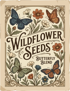 Vintage style gardening seed packet design for wildflower meadow mix featuring a colorful butterfly illustration and traditional typography for horticultural branding and packaging isolated