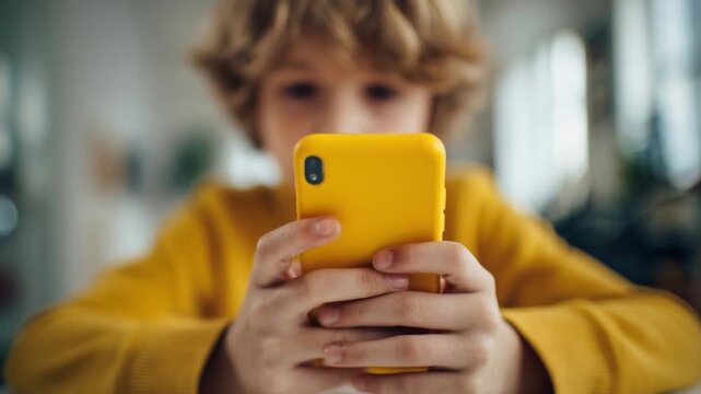 Smartphone in sharp focus held by blurred child, screen addiction and digital dependency concept