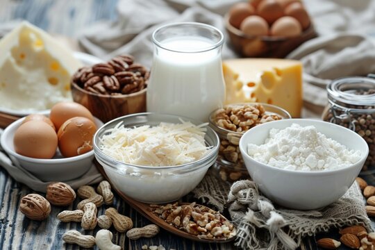 Fresh baking ingredients like oats cereal milk and fruits arranged in bowls for a healthy meal , allergen control