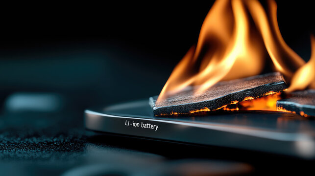 Lithium ion battery cell is actively burning with bright orange flames and smoke, illustrating the critical risks of thermal runaway and battery failure in modern technology