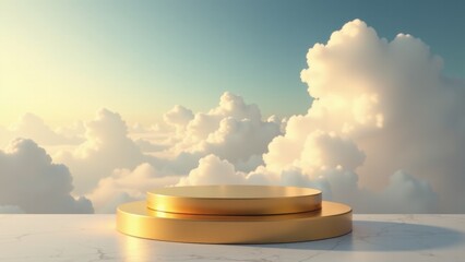 A gold pedestal sits atop a white marble surface, surrounded by soft cloud formations