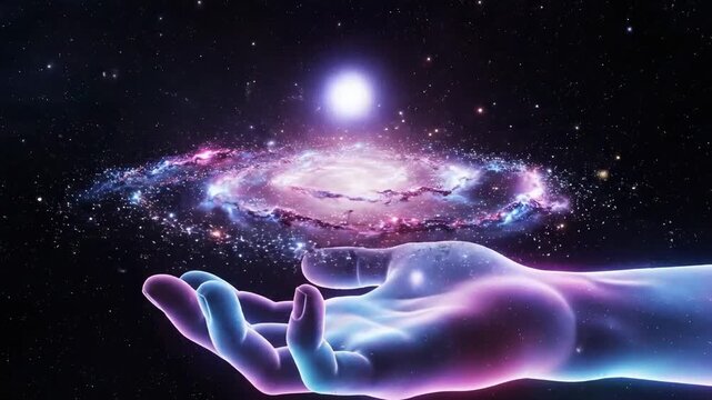Cosmic hand cradles vibrant galaxy in stunning deep space visualization
