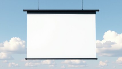 A white screen hangs from the side of a building, providing a unique display space