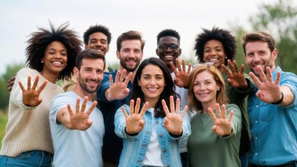 Fototapeta premium Diverse group holding up hands outdoors in green park setting