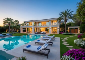 Fototapeta premium Luxurious modern house with swimming pool and lounge chairs in tropical garden at dusk or dawn