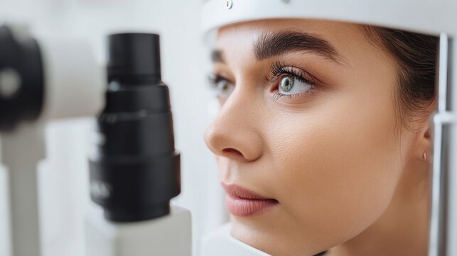 Close-up of young woman during eye examination with slit lamp. Professional ophthalmology checkup in clinic. Vision testing and eye health diagnostics. Medical specialist consultation concept