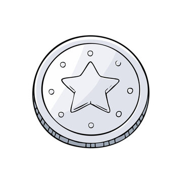 Silver coin with star emblem and dotted border, simple cartoon illustration, clean design