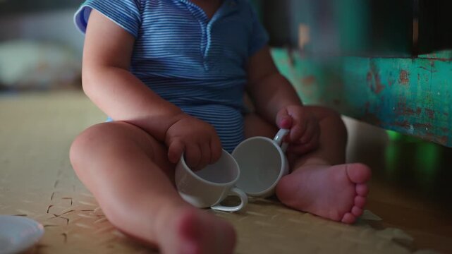 Toddler sitting on floor holding two small cups after taking them from cabinet shelf during playful home exploration, curious childhood moment of discovery and mischief