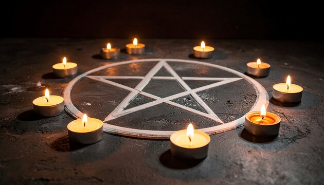 Mystical Pentagram Ritual with Burning Candles in Dark Setting.
