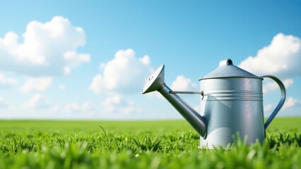 A watering can sits in a green field, ready for use