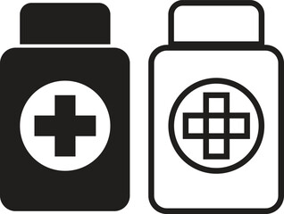 Obraz premium Medical pill bottle icons in flat and outline styles, black medicine container vector set, pharmacy drug packaging symbols for healthcare apps