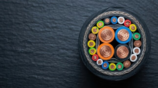 CCS2 charging cable cross-section end-on macro showing copper rings and insulation layers on dark slate, clinical light.