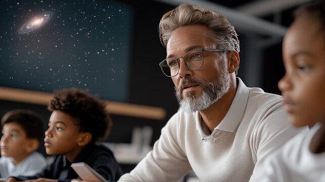 UFO Day Science teacher engaging multi ethnic students in classroom, exploring galaxy and stars on projected display, learning astronomy and cosmic wonders, fostering curiosity and scientific educatio