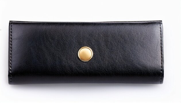 black leather wallet with gold button isolated on white background