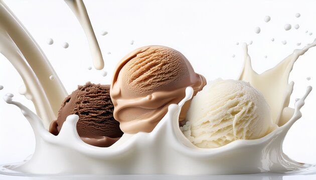 ice cream scoops splashing in milk on a white background