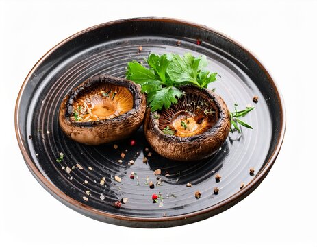 two grilled portobello mushrooms served with herbs and spices isolated on clear