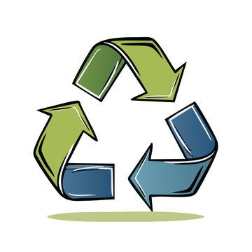 Green and blue hand-drawn recycling symbol with an earthy green shadow