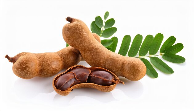 fresh tamarind pods with green leaves and open pulp on white