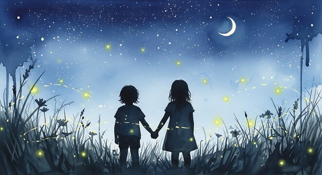 Two children holding hands in a field of tall grass under a starry night sky with fireflies glowing.