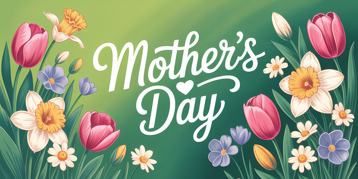 Mother's Day Celebration Background with Colorful Tulips and Daffodils