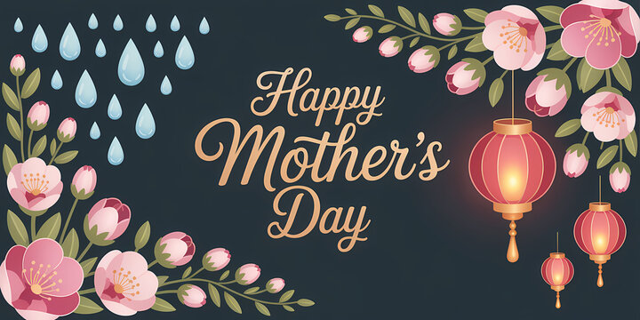 Happy Mother's Day Greeting Banner with Cherry Blossoms and Lanterns