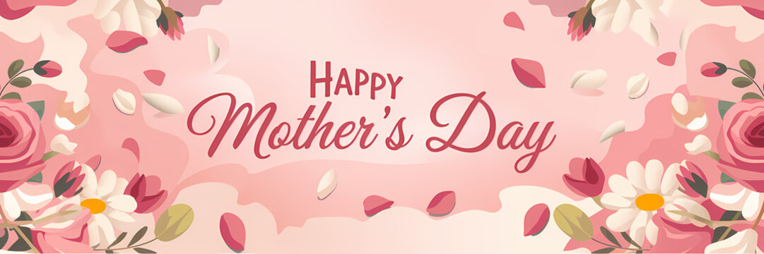 Happy Mother's Day Floral Banner with Pink Roses and Daisies