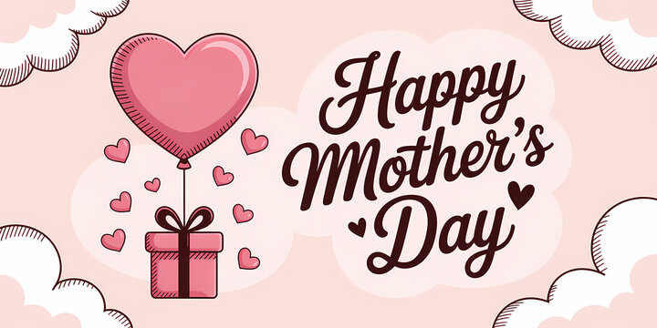 Happy Mother's Day Card with Heart Balloon and Gift Box