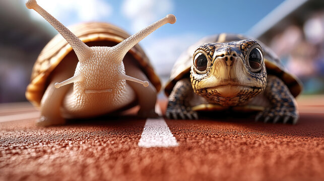 Slow moving snail and determined turtle standing side by side on a red athletic track at a white starting line, symbolizing contrast, an unlikely race, and the underdog spirit in a competitive world