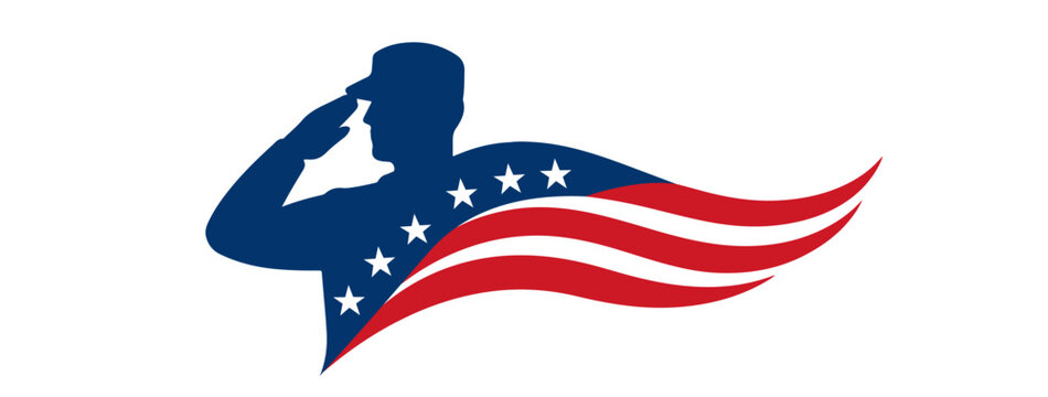 Saluting Soldier Silhouette with Waving American Flag &ndash; USA Patriotic Military Logo Design for Memorial Day, Veterans Day, Independence Day, Greeting Card, Poster, Sticker, Badge, Social Media Post