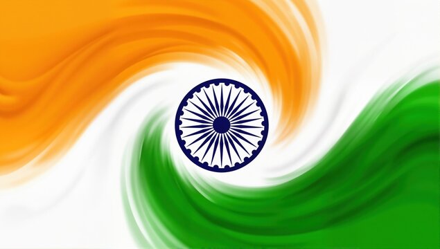 Abstract Indian flag design. Swirling saffron, white, and green colors with the Ashoka Chakra in the center. Festive, patriotic art.
