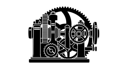 Fototapeta premium Black and white illustration of a detailed mechanical clock with visible gears and cogs. The design has an industrial aesthetic.