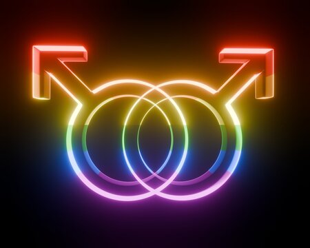 3D Image of a holographic Double Mars Gay Symbol on Rainbow Pride Flag &ndash; LGBTQ+