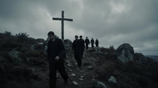 A solemn group of men in black clerical robes walking along a rocky mountain path past a large wooden cross under an overcast sky, representing a religious pilgrimage or Good Friday.