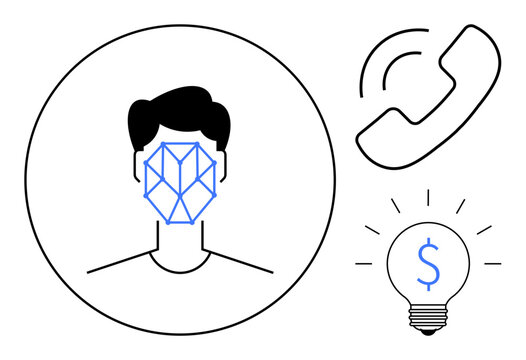 Biometric authentication, financial technology, communication services, digital innovation, identity verification, and smart solutions. Face recognition, phone and dollar lightbulb icons. Biometric
