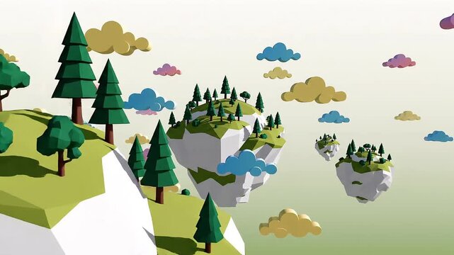 Low Poly 3D Floating Islands with Green Trees and Colorful Clouds