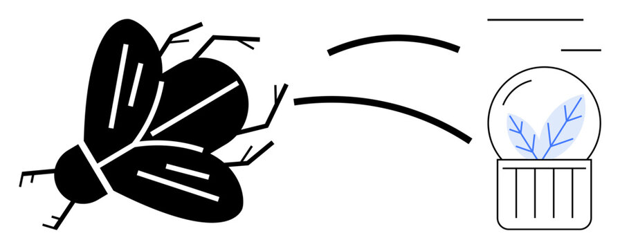 Environmental conservation, biodiversity, science exploration, entomology, minimal art, ecological balance. Abstract fly moving toward a glass container with a branch. Environmental conservation