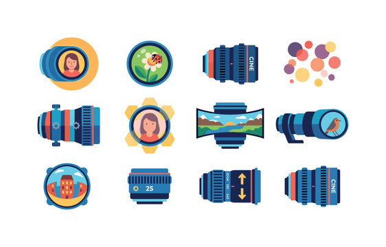 Collection of stylized camera lenses and optical elements with diverse imagery