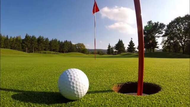 White golf ball sitting on the lip of a hole on a lush green putting green with a red flag and pole under a clear blue sky on a professional golf course during a sunny day.