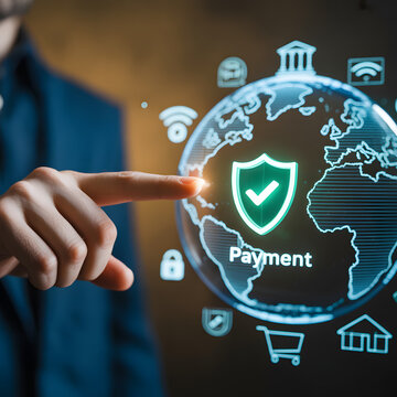 Secure payment and verification concept with hand holding smartphone and glowing globe icons, fintech transaction trust and online money transfer