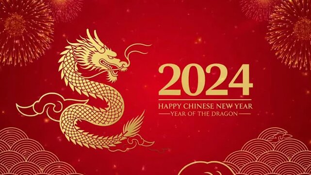 Golden Chinese Dragon Illustration on Red Background with Fireworks and Text 2024 Happy Chinese New Year Year of the Dragon Horizontal Banner Design for Lunar New Year Celebration