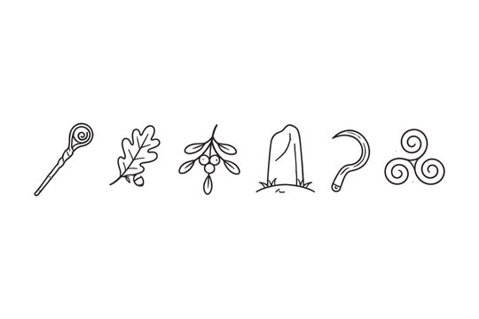 Collection of mystical symbols and natural elements on a white background