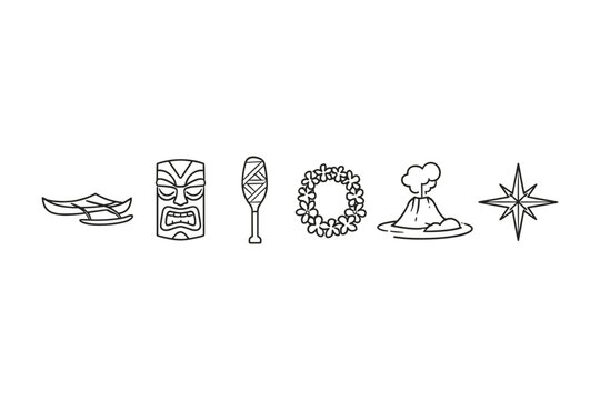 Collection of Hawaiian cultural icons including a canoe, tiki, paddle, lei, volcano, and compass